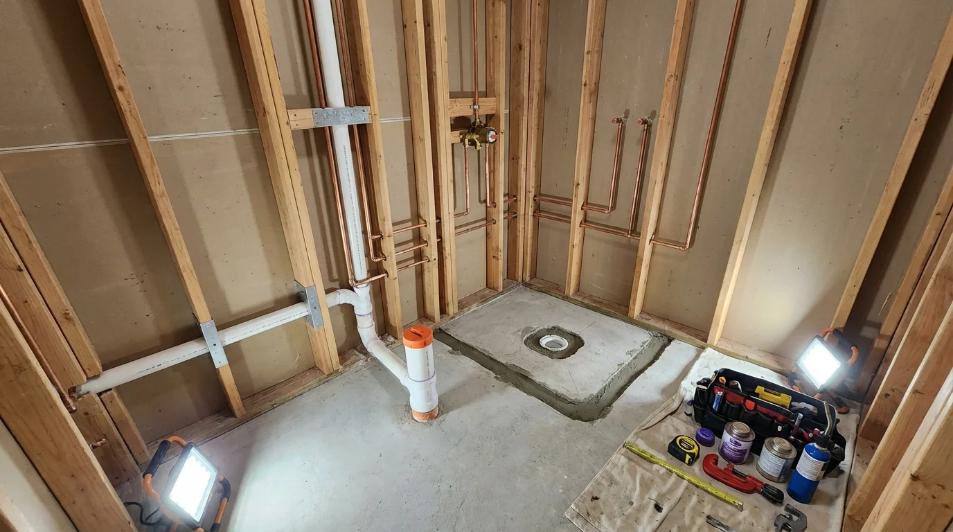 Bathroom rough-in plumbing during remodel by Johns Plumbing LLC in Edwardsburg