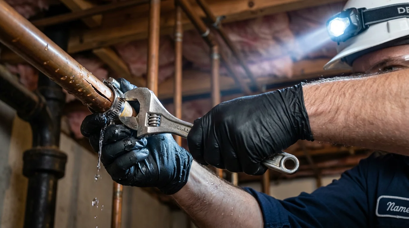 Emergency pipe clamp repair being performed by a Johns Plumbing LLC plumber in Edwardsburg