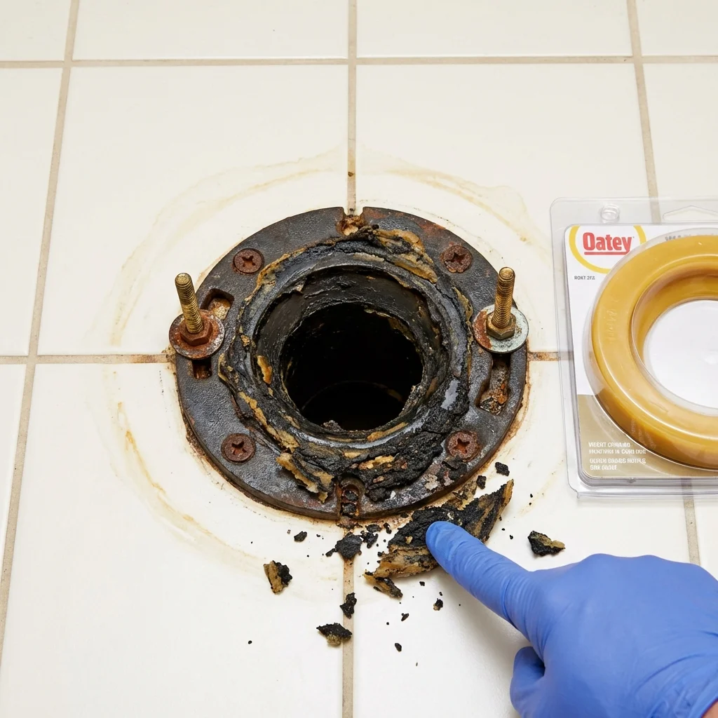 Failed wax ring showing water seepage at the base of a toilet in a Edwardsburg, MI home