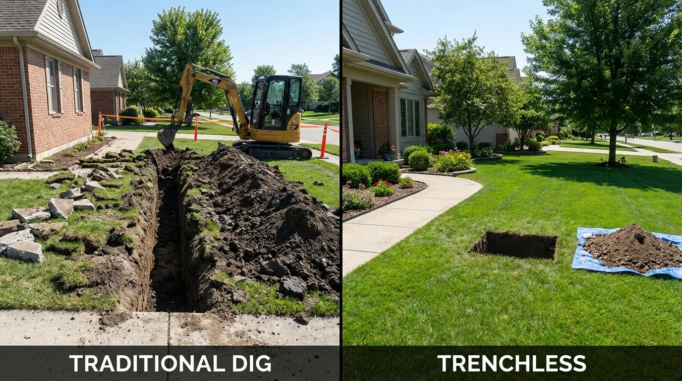 Trenchless sewer repair with minimal yard damage versus traditional excavation in Edwardsburg, MI